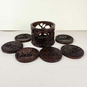 African Carved Wood Coast Set with African Animals